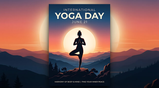 International yoga day poster featuring a woman in a tree pose silhouette