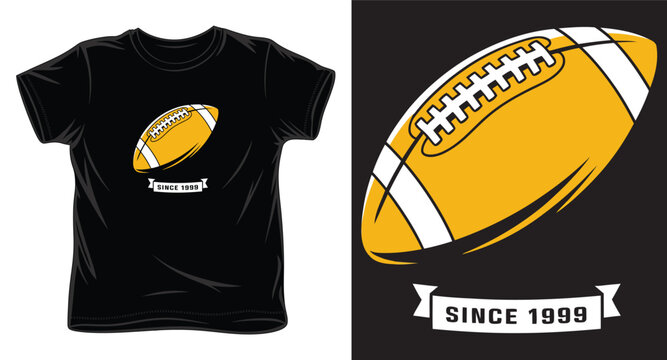 Dynamic yellow american football ball graphic with since 1999 ribbon for athletic apparel.