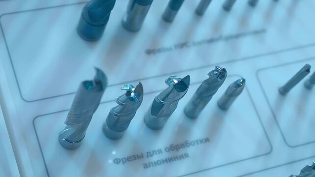 A range of new, shiny cutters for milling machines, of various shapes and purposes, are presented at the exhibition. Closeup. Shot in motion