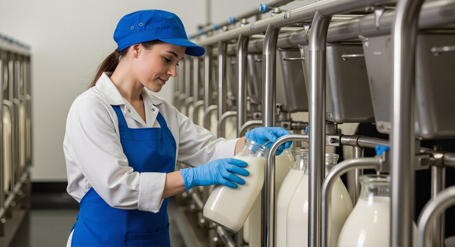 Woman Pours Milk Production Line Factory Interior 