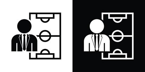 Corporate coach or manager avatar over a soccer field tactic layout, ideal for sports strategy planning, team coaching, game analysis, and business management tactics. © bibin