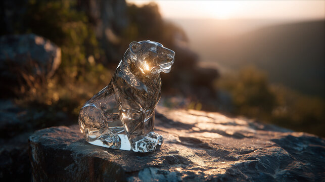 Clear glass tiger figurine sitting on a rocky surface with a blurred background at sunset