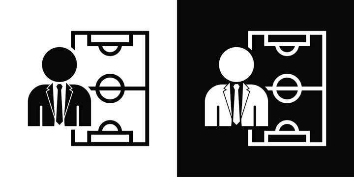 Corporate coach or manager avatar over a soccer field tactic layout, ideal for sports strategy planning, team coaching, game analysis, and business management tactics.