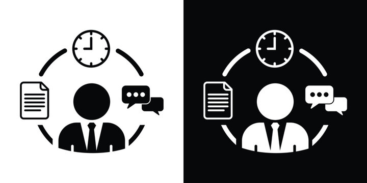 Businessman icon surrounded by a clock, a document, and chat bubbles, representing efficient time management, project workflows, communication, and multitasking.