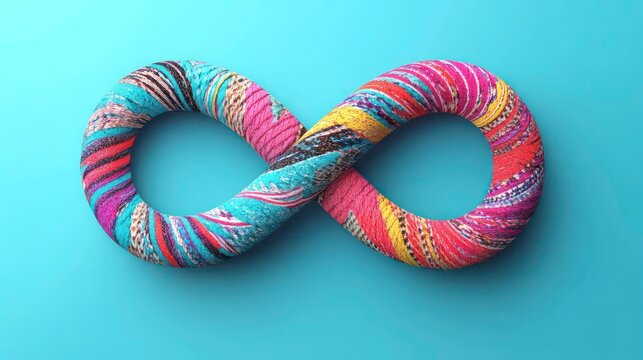 Quality management continuous improvement concept. A colorful infinity symbol made from a patterned material against a blue background, symbolizing eternity and limitless possibilities.