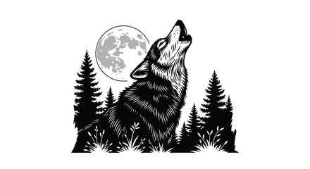 Howling wolf with forest and moon black and white silhouette © Jewel
