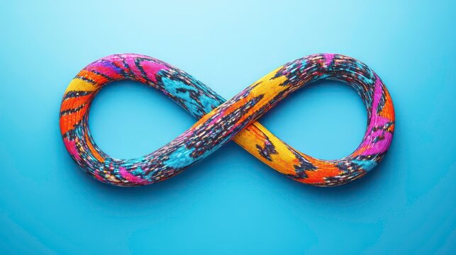 Quality management continuous improvement concept. A colorful infinity symbol made from a patterned material against a blue background, symbolizing eternity and limitless possibilities.