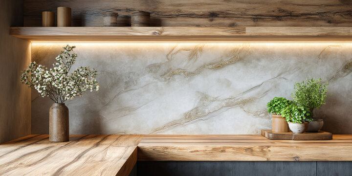 LED Lit Kitchen Counter with Marble Surface and Potted Plant