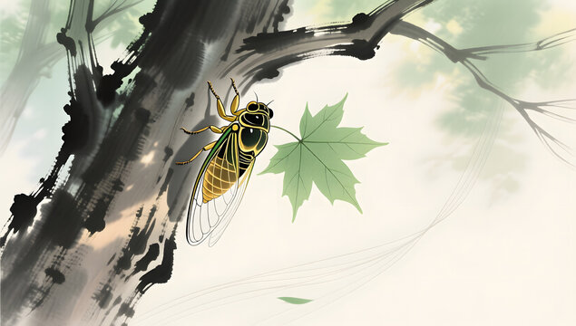 Summer cicada molting shell and green maple leaf oriental nature background