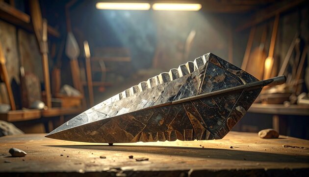Close-up of ancient flint arrowhead with fine knapping workmanship on wooden surface