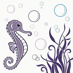 Purple seahorse swimming with seaweed and bubbles © Hazrot