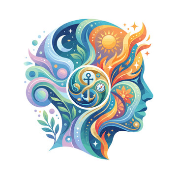 Abstract mindscape reflecting inner balance and the human spirit's connection to nature. A vibrant blend of celestial and earthly elements, symbolizing tranquility and conscious harmony