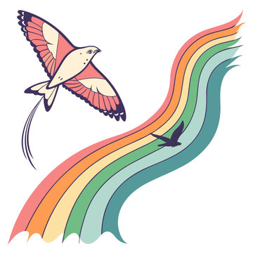Colorful kite flying with rainbow tail