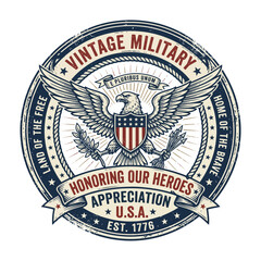 Naklejka premium Vintage patriotic emblem celebrating courage and national pride, featuring a majestic eagle illustration as a symbol of honor and enduring liberty