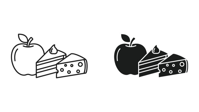 Line art illustration of apple and chocolate bar with bite marks vector icon
