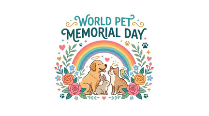 Fototapeta premium World Pet Memorial Day remembrance illustration with rainbow floral frame dog cat rabbit bird and angel pet tribute design isolated transparent background