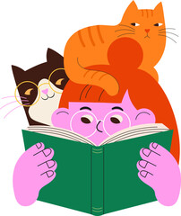 Fototapeta na wymiar Young girl and cats reading book. Colorful flat vector cartoon illustration series for book fair, library and bookshop poster, banner and logo designs