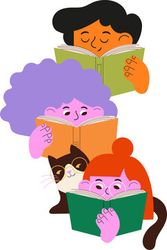 People and cat reading books. Colorful flat vector illustration series for book fair, library and bookshop designs.