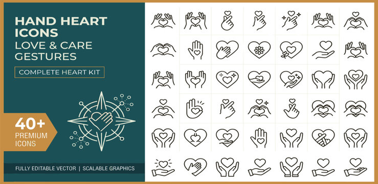 Collection of hand heart icons, love and care gestures, and human connection symbols, depicting affection, support, and kindness in outlined vector art