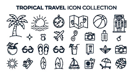 Fototapeta premium Travel season icon collection, monoline vector icons, tropical vacation elements, palm tree, sun, map, compass, hotel, beach ball, clean outline style, white background