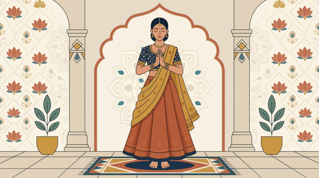 A serene flat design illustration of an Indian woman in traditional attire, reverently praying during Navratri. This modern vector artwork embodies devotion and spiritual peace.