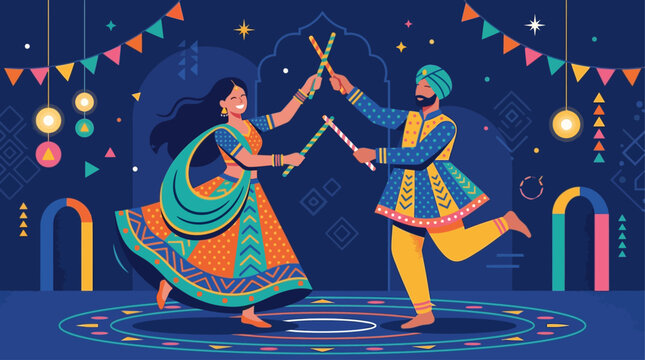 An energetic flat design illustration capturing a man and woman performing the traditional Garba dance with dandiya sticks. This modern vector artwork embodies the festive spirit of Navratri 