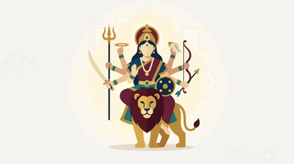 Naklejka premium A minimalist flat design illustration of Goddess Durga, powerfully depicted with her traditional attributes and lion mount, celebrating the spirit of Navratri. This vector artwork is clean and modern