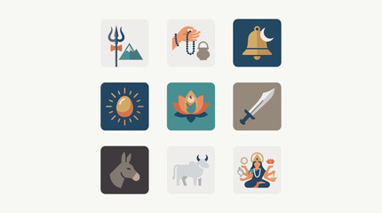 Fototapeta premium A cohesive flat design illustration showcasing nine minimalist icons, each representing one of the sacred Navdurga forms of Goddess Durga. 