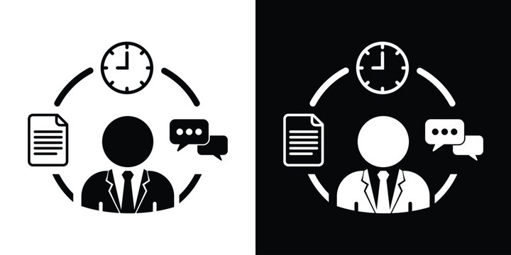 Businessman icon surrounded by a clock, a document, and chat bubbles, representing efficient time management, project workflows, communication, and multitasking.