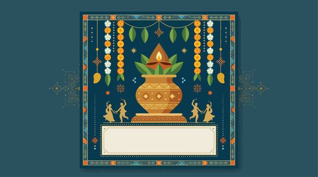 An elegant flat design illustration perfect for a modern Navratri greeting card, featuring a stylized kalash and ample space for festive messages.