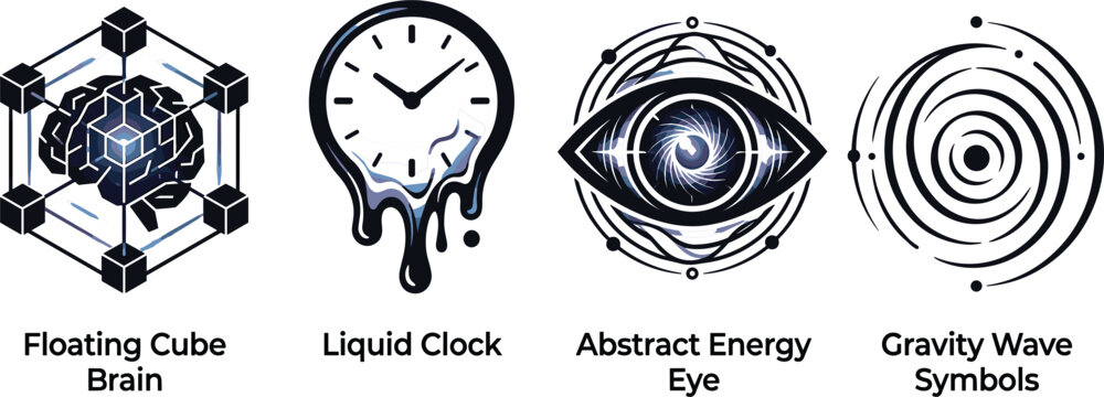 Abstract Technology and Sci-Fi Vector Icon Set Featuring Floating Cube Brain, Liquid Clock, Energy Eye, and Gravity Wave Symbols for Digital and Futuristic Designs