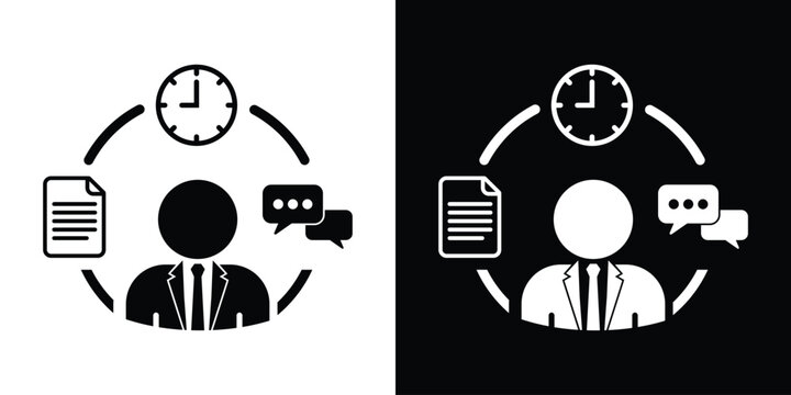 Businessman icon surrounded by a clock, a document, and chat bubbles, representing efficient time management, project workflows, communication, and multitasking.