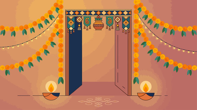 A vibrant flat design illustration capturing the festive spirit of Navratri with traditional Indian decorations, including colorful string lights and marigold garlands. This modern vector artwork