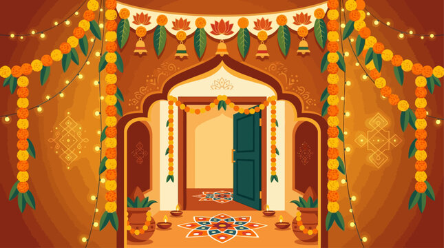 A vibrant flat design illustration capturing the festive spirit of Navratri with traditional Indian decorations, including colorful string lights and marigold garlands. This modern vector artwork