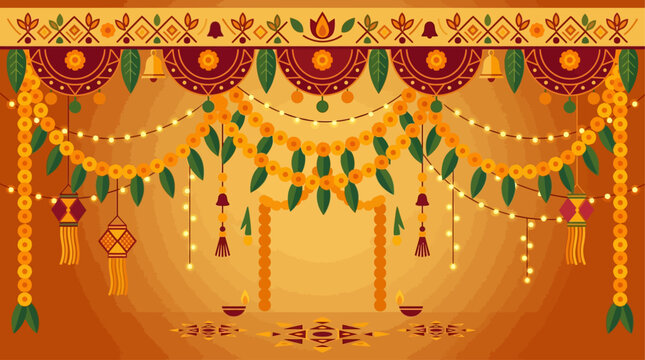A vibrant flat design illustration capturing the festive spirit of Navratri with traditional Indian decorations, including colorful string lights and marigold garlands. This modern vector artwork