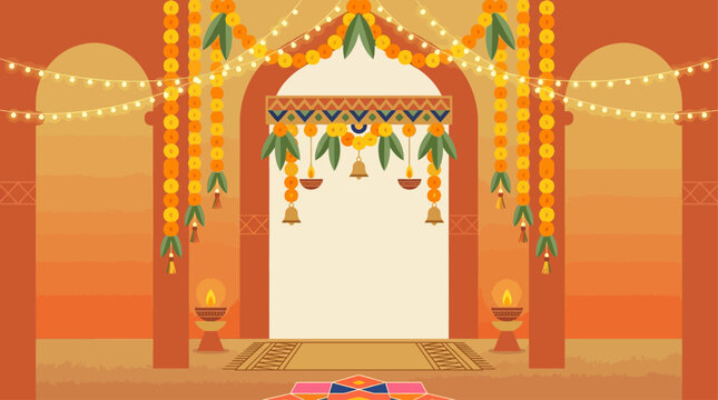 A vibrant flat design illustration capturing the festive spirit of Navratri with traditional Indian decorations, including colorful string lights and marigold garlands. This modern vector artwork