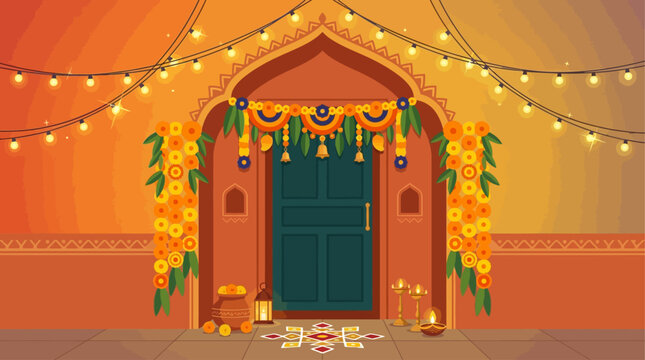 A vibrant flat design illustration capturing the festive spirit of Navratri with traditional Indian decorations, including colorful string lights and marigold garlands. This modern vector artwork