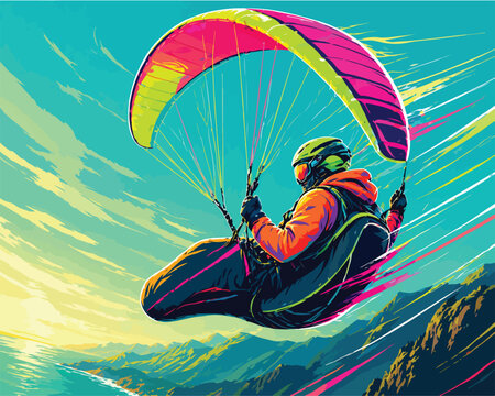 Paraglider soaring over mountains at sunrise paragliding