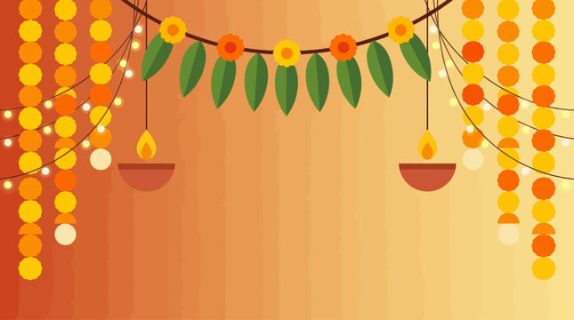 A vibrant flat design illustration capturing the festive spirit of Navratri with traditional Indian decorations, including colorful string lights and marigold garlands. This modern vector artwork