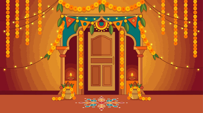 A vibrant flat design illustration capturing the festive spirit of Navratri with traditional Indian decorations, including colorful string lights and marigold garlands. This modern vector artwork
