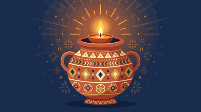 A beautiful flat design illustration of a traditional Garba pot (matki) illuminated by a glowing diya, a key symbol of Navratri celebrations. This modern vector artwork represents light, life