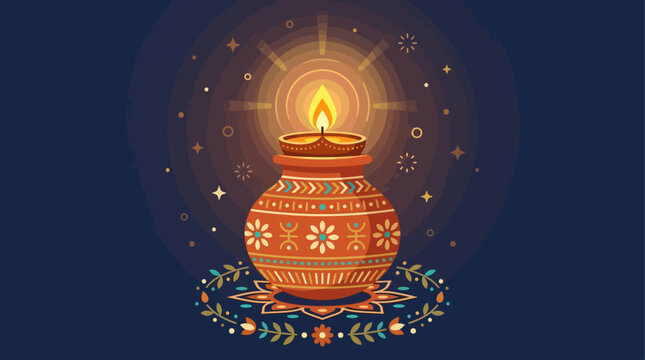 A beautiful flat design illustration of a traditional Garba pot (matki) illuminated by a glowing diya, a key symbol of Navratri celebrations. This modern vector artwork represents light, life