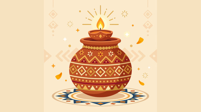 A beautiful flat design illustration of a traditional Garba pot (matki) illuminated by a glowing diya, a key symbol of Navratri celebrations. This modern vector artwork represents light, life