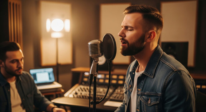 Men singing into a vintage microphone in a sound studio, representing musical creation and recording, perfect for audio production or entertainment themes
