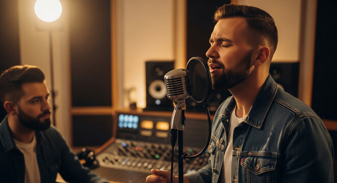 Two men in a recording studio with a microphone and sound equipment, representing music creation and performance, ideal for audio production or artist promotion
