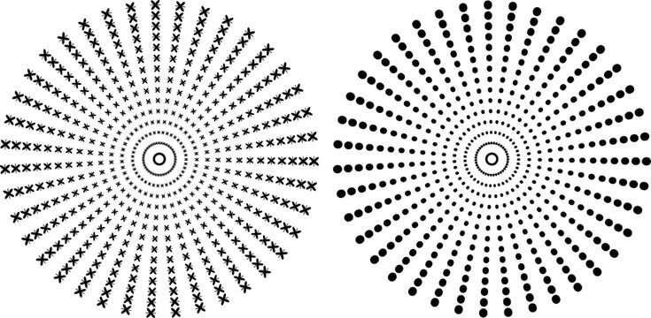 A pair of symmetrical circular patterns composed of radial dots and asterisk-like motifs. This high-contrast vector design is perfect for geometric compositions patterns or as a decorative design.