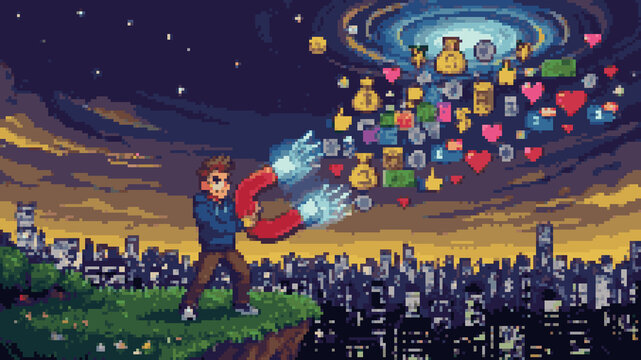 Pixel art of a man holding a large magnet to attract falling gold coins in a dark server room laboratory