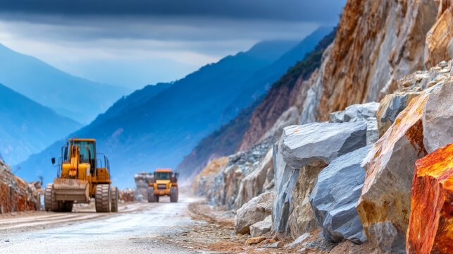 Construction site with heavy machinery working on mountain road under cloudy sky