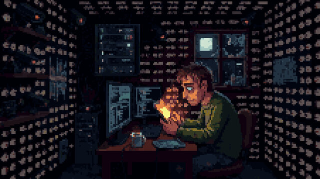 Pixel art of a man looking at a glowing smartphone in a dark room filled with surveillance cameras and computer screens