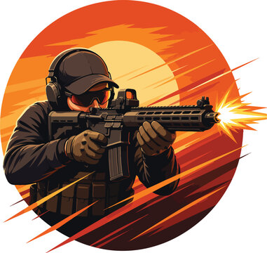 Soldier firing assault rifle with muzzle flash military